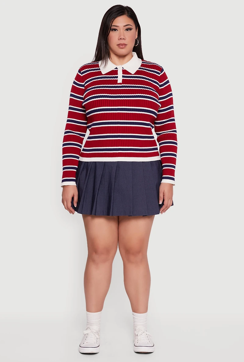 Womens Plus Striped Rib Knit Polo Sweater, Red,