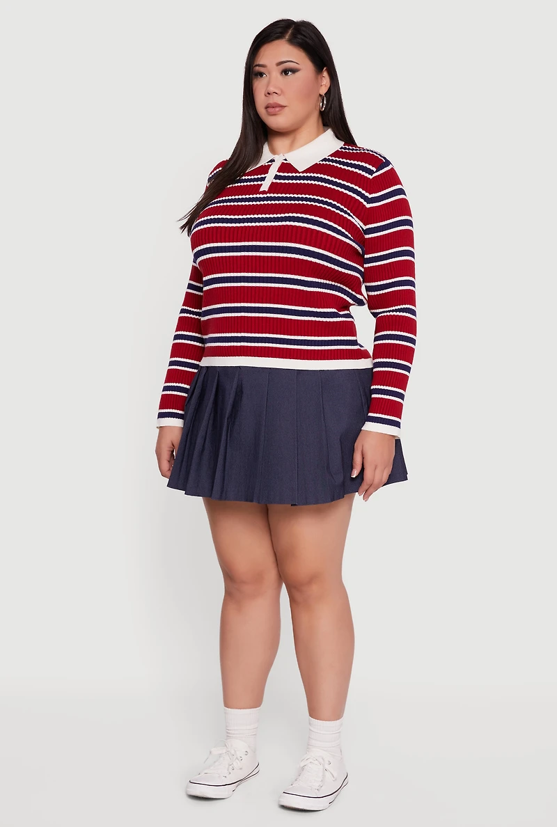 Womens Plus Striped Rib Knit Polo Sweater, Red,