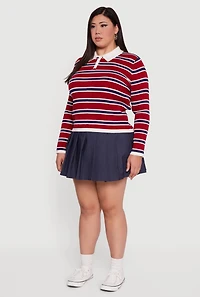 Womens Plus Striped Rib Knit Polo Sweater, Red,
