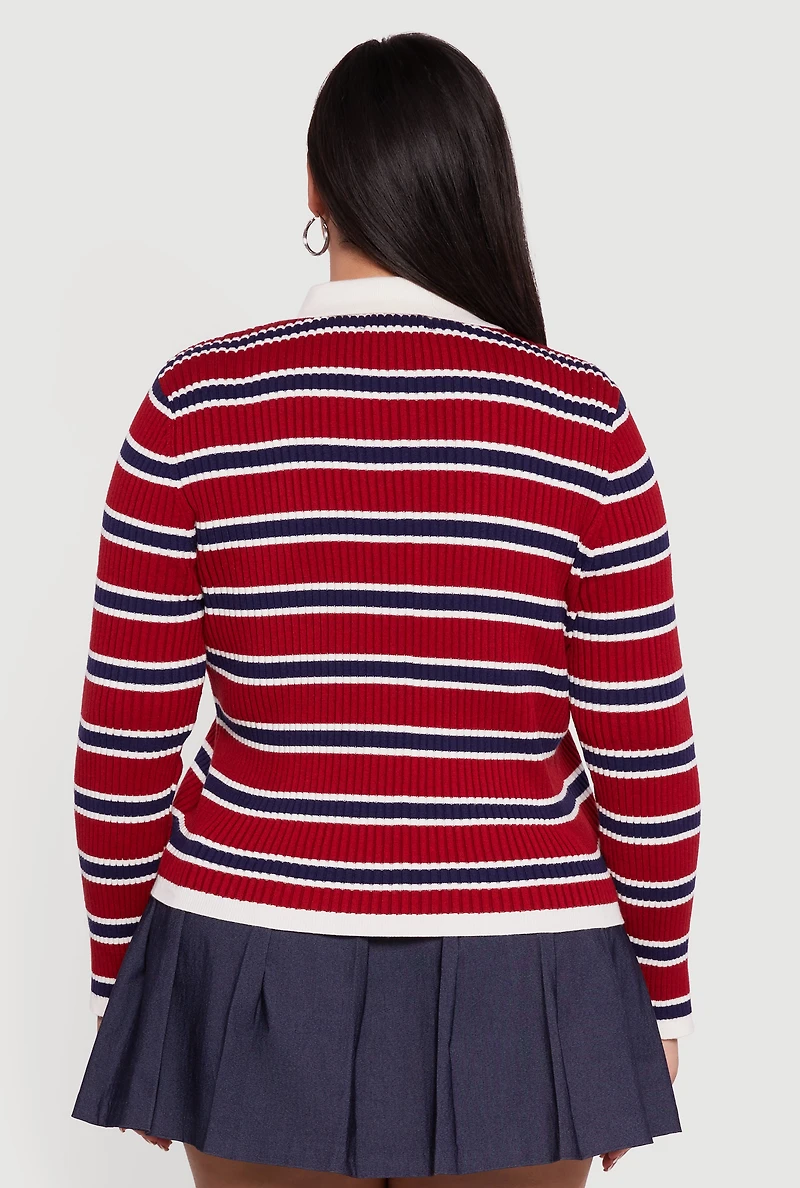 Womens Plus Striped Rib Knit Polo Sweater, Red,