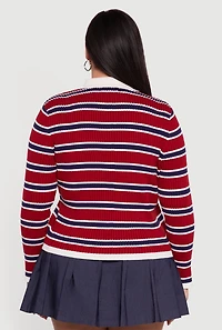 Womens Plus Striped Rib Knit Polo Sweater, Red,