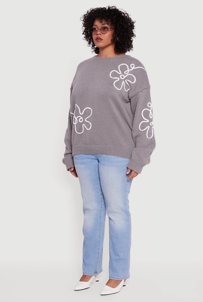 Plus Brushed Knit Flower Embroidered Sweater