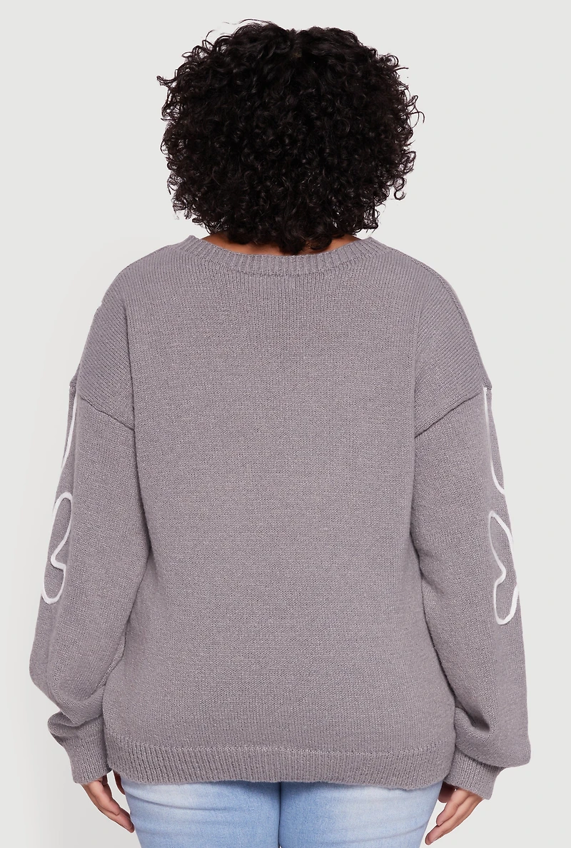 Plus Brushed Knit Flower Embroidered Sweater