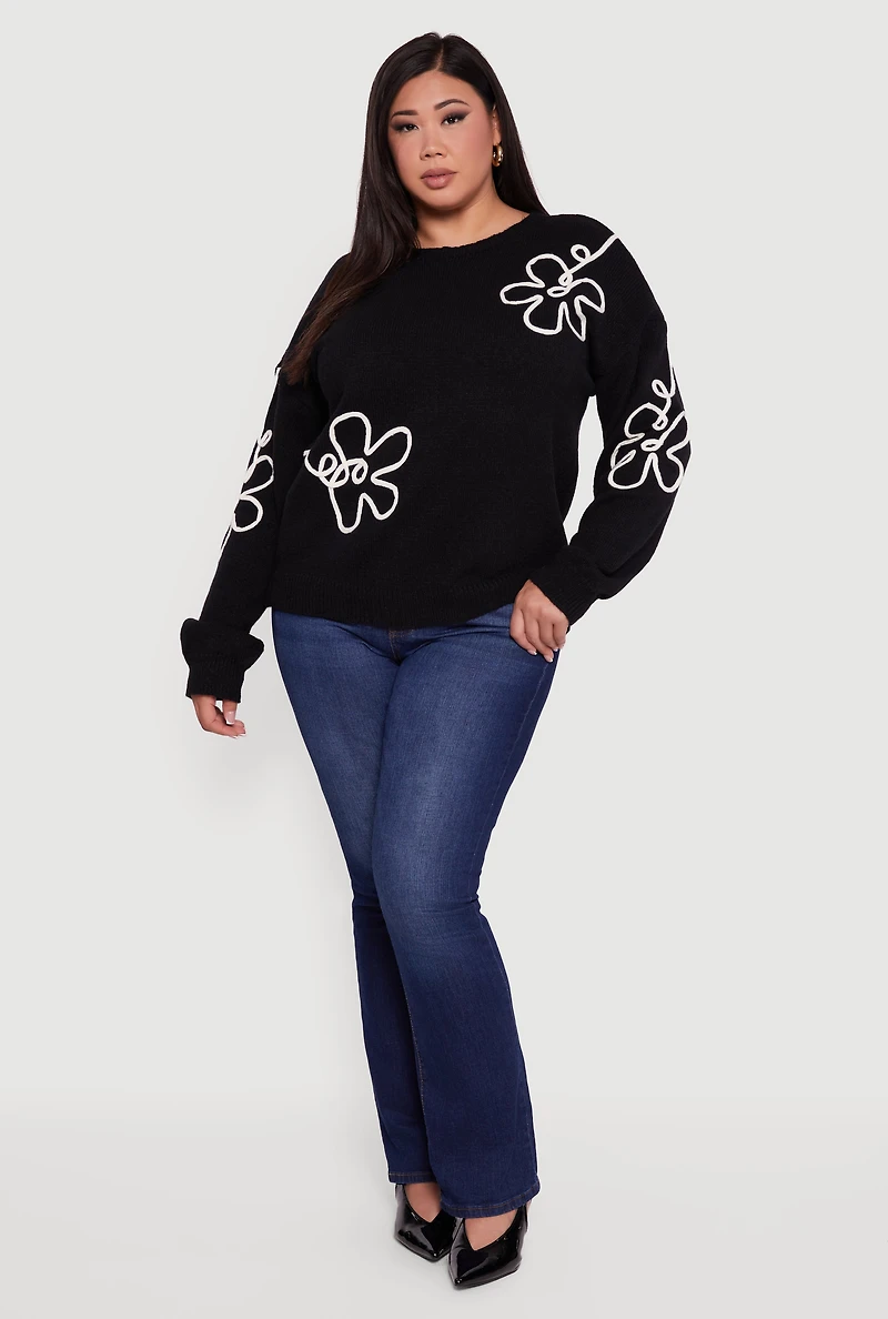Womens Plus Brushed Knit Flower Embroidered Sweater,