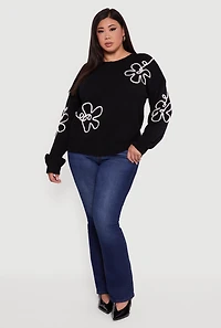 Womens Plus Brushed Knit Flower Embroidered Sweater,