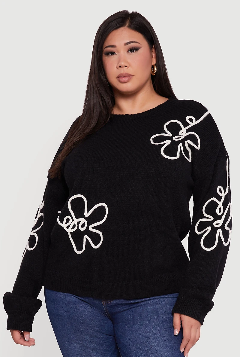 Womens Plus Brushed Knit Flower Embroidered Sweater,