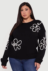 Womens Plus Brushed Knit Flower Embroidered Sweater,