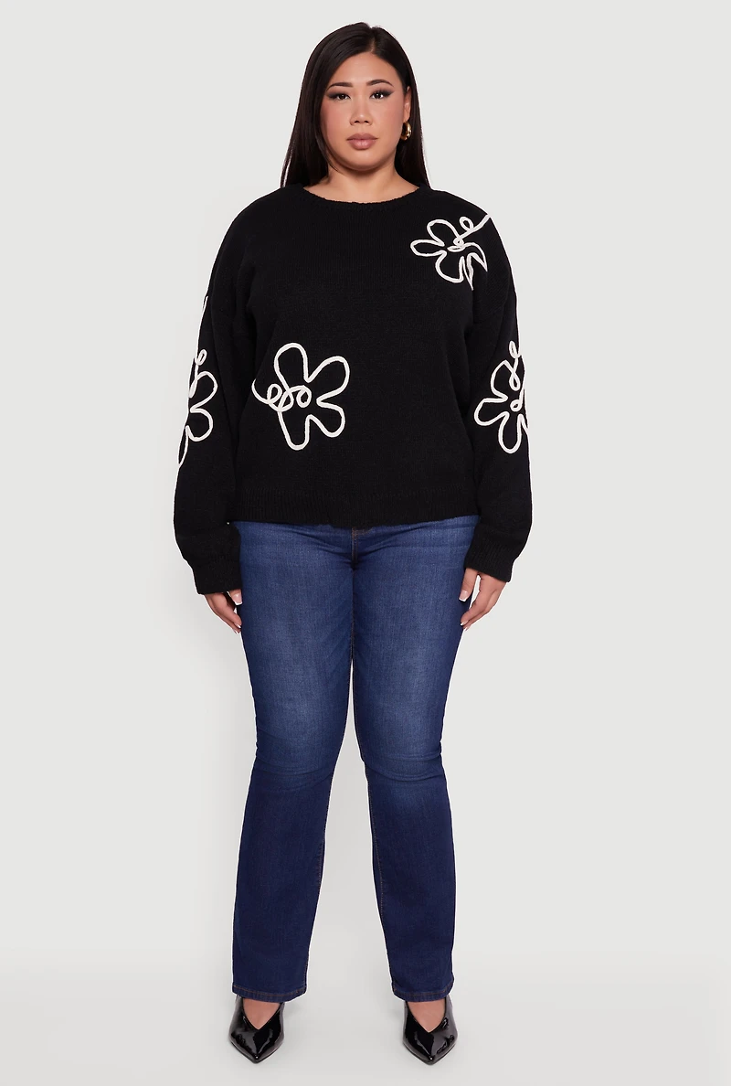 Plus Brushed Knit Flower Embroidered Sweater