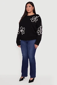 Womens Plus Brushed Knit Flower Embroidered Sweater,