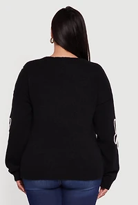 Womens Plus Brushed Knit Flower Embroidered Sweater,