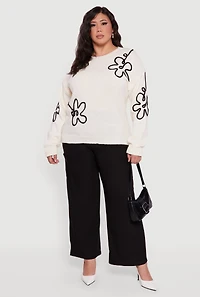 Plus Brushed Knit Flower Embroidered Sweater