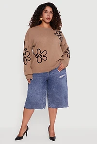 Plus Brushed Knit Flower Embroidered Sweater