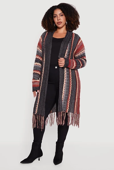 Womens Plus Size Striped Fringe Hem Duster, Grey, Size 2X