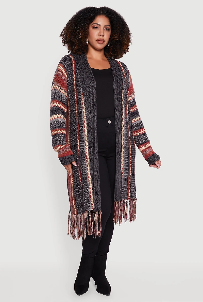 Womens Plus Size Striped Fringe Hem Duster, Grey, Size 2X