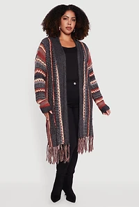 Womens Plus Size Striped Fringe Hem Duster, Grey, Size 2X