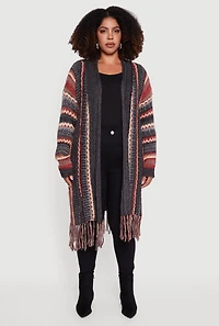 Womens Plus Size Striped Fringe Hem Duster, Grey, Size 2X