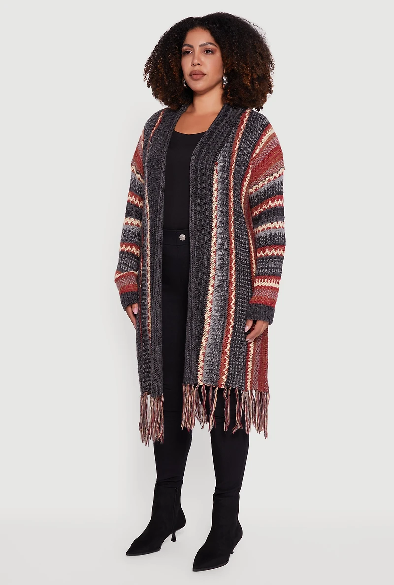 Womens Plus Size Striped Fringe Hem Duster, Grey, Size 2X