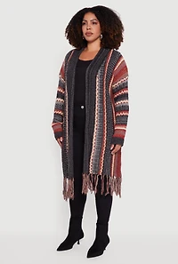 Womens Plus Size Striped Fringe Hem Duster, Grey, Size 2X