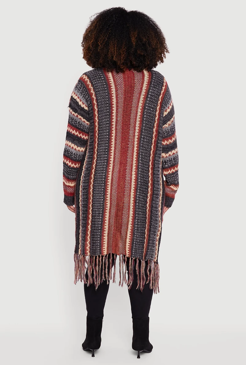 Womens Plus Size Striped Fringe Hem Duster, Grey, Size 2X