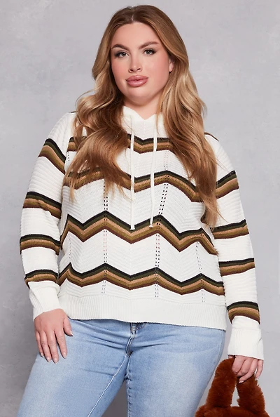 Womens Plus Size Chevron Drawstring Hooded Sweater, White, Size 1X