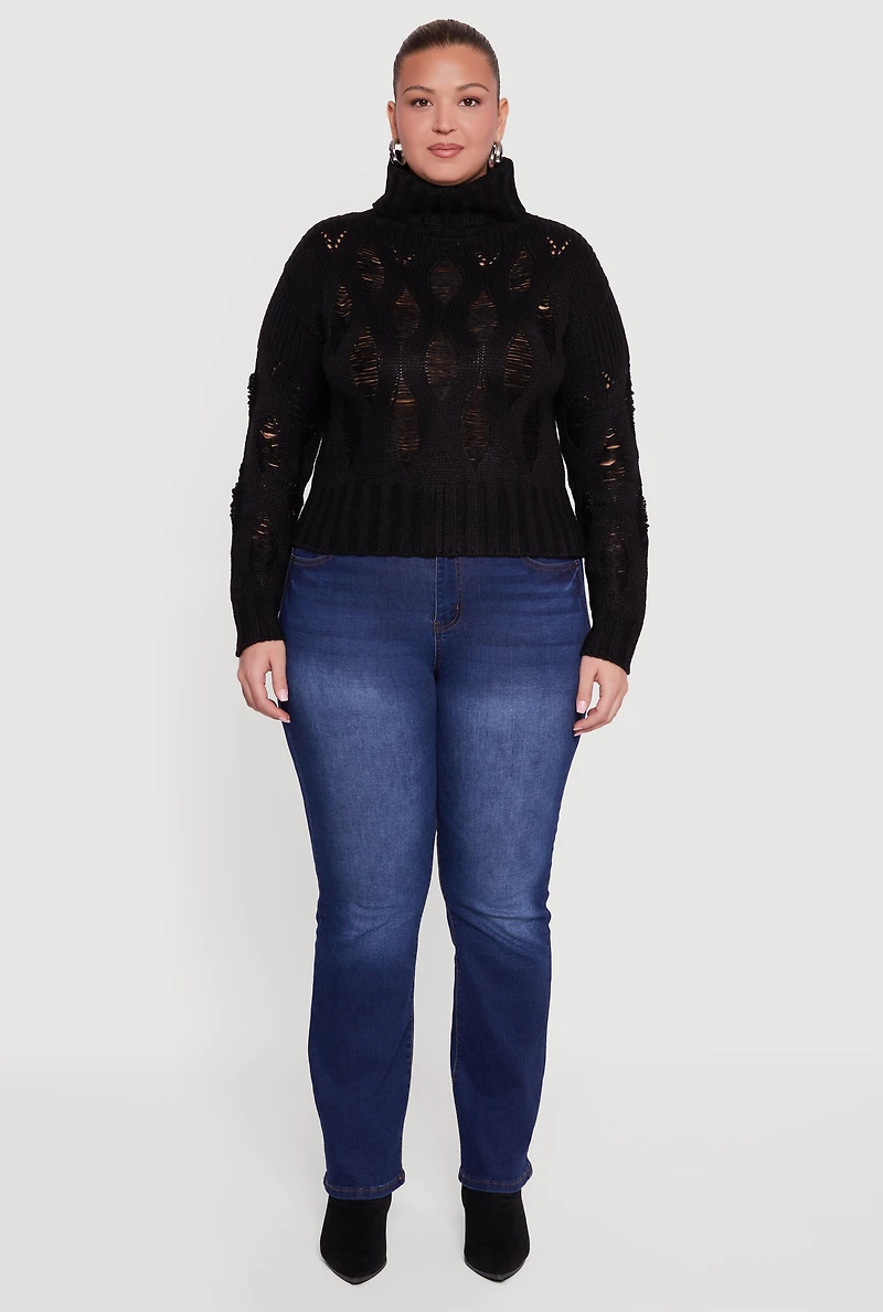 Plus Distressed Cable Knit Turtleneck Sweater