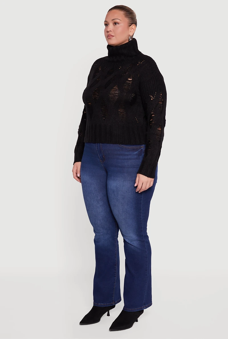 Plus Distressed Cable Knit Turtleneck Sweater