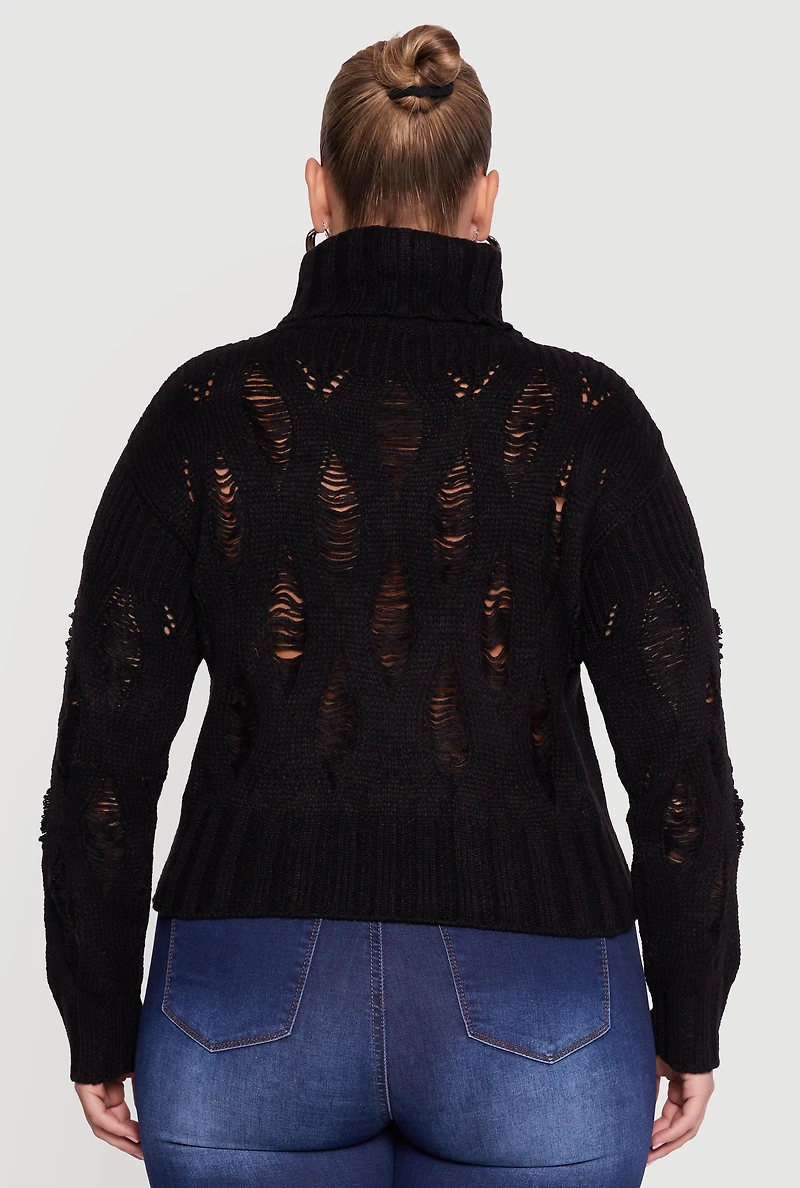 Womens Plus Distressed Cable Knit Turtleneck Sweater, 1X