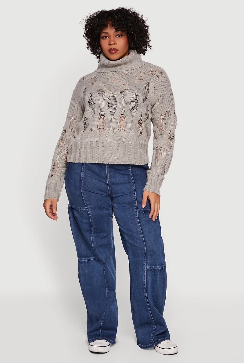 Womens Plus Size Distressed Cable Knit Turtleneck Sweater, Grey, Size 2X