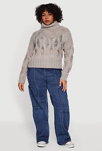 Womens Plus Size Distressed Cable Knit Turtleneck Sweater, Grey, Size 2X