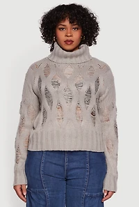 Womens Plus Size Distressed Cable Knit Turtleneck Sweater, Grey, Size 2X
