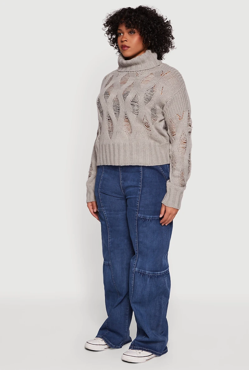 Womens Plus Size Distressed Cable Knit Turtleneck Sweater, Grey, Size 2X