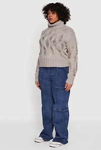 Womens Plus Size Distressed Cable Knit Turtleneck Sweater, Grey, Size 2X
