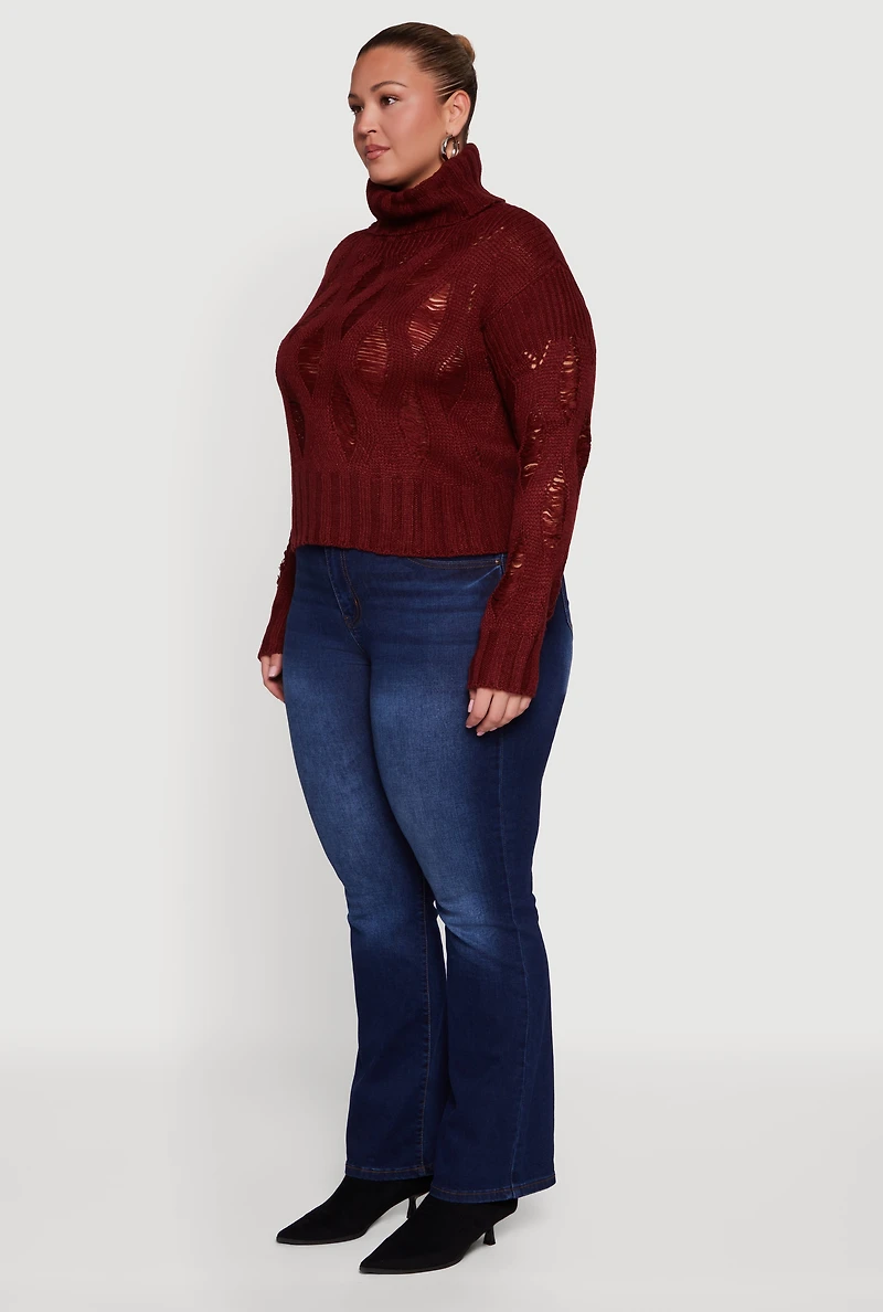 Plus Distressed Cable Knit Turtleneck Sweater