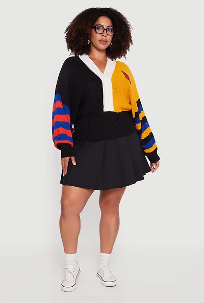 Womens Plus Size Color Blocked Striped W Patch Graphic Sweater, Multi, Size 3X