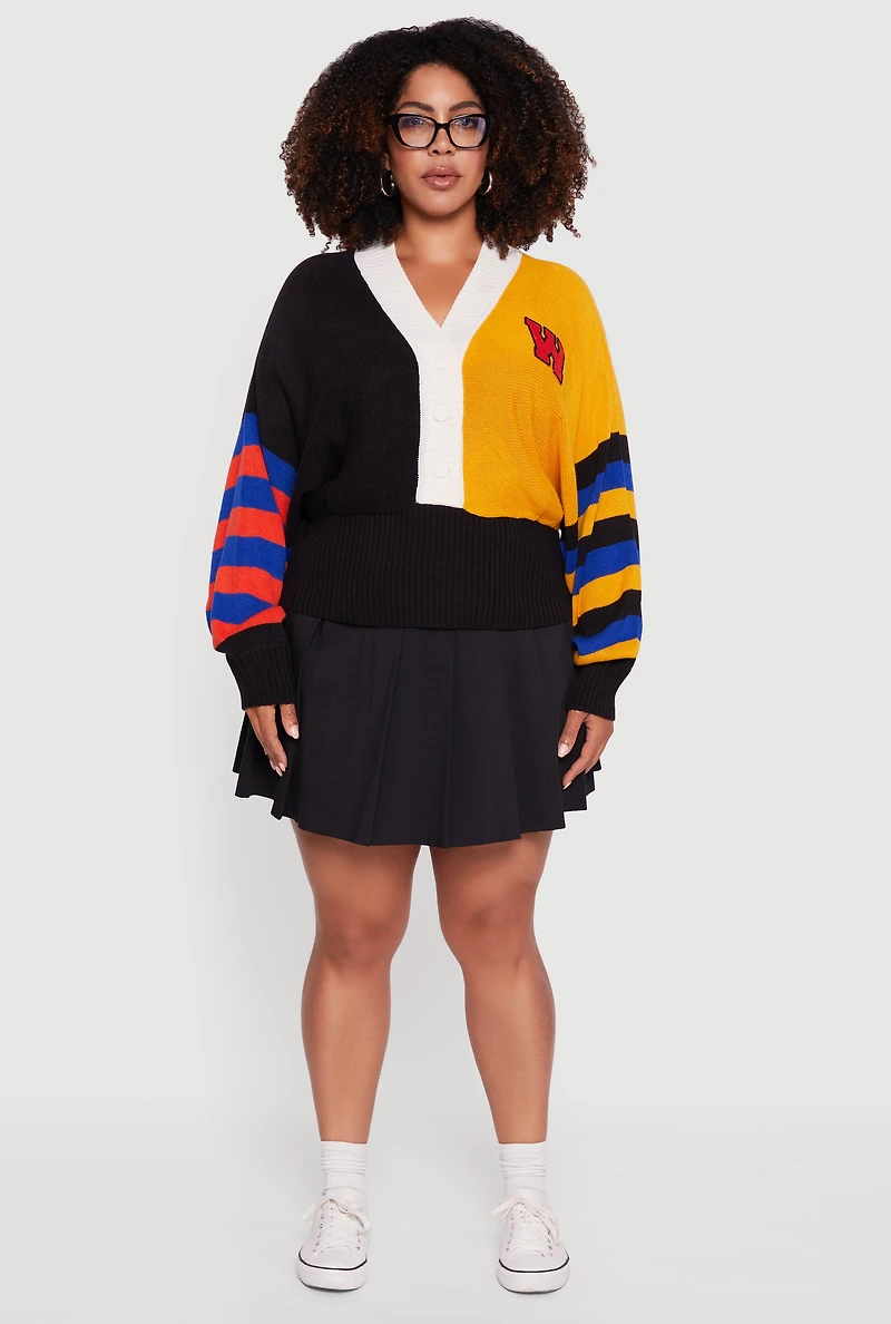 Womens Plus Color Blocked Striped W Patch Graphic Sweater, Multi,