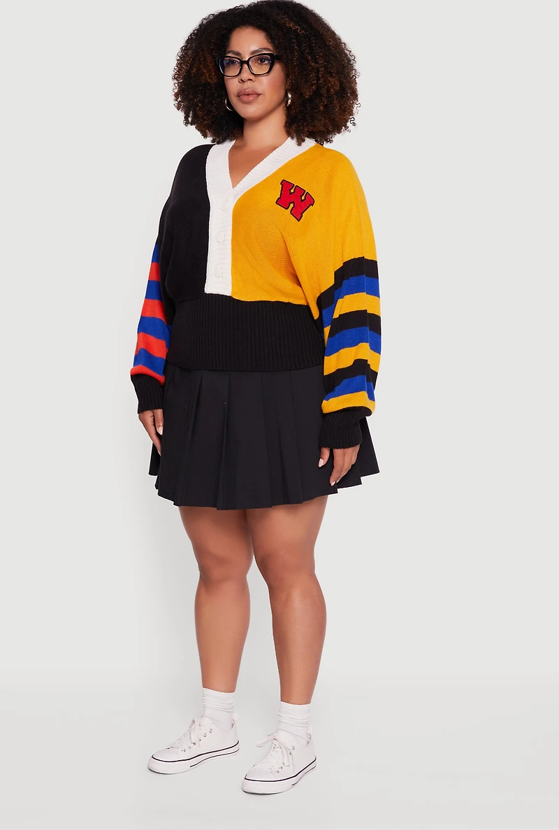 Womens Plus Color Blocked Striped W Patch Graphic Sweater, Multi,