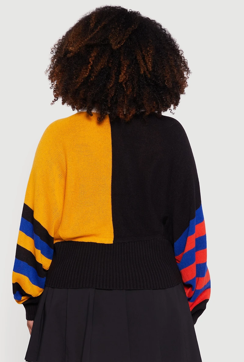 Womens Plus Color Blocked Striped W Patch Graphic Sweater, Multi,