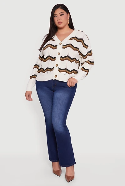 Womens Plus Size Pointelle Knit Chevron V Neck Button Front Cardigan, Multi, Size 2X