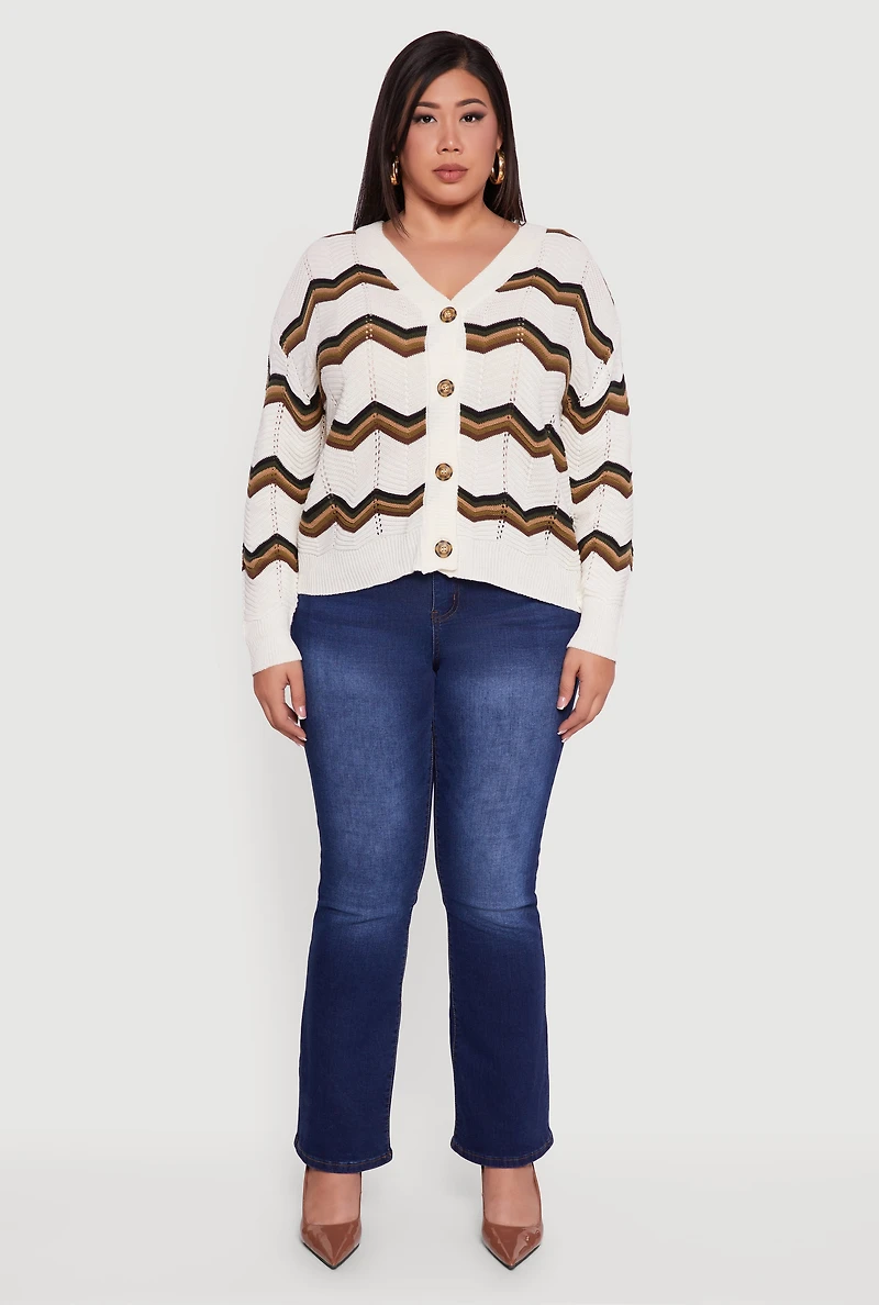 Womens Plus Size Pointelle Knit Chevron V Neck Button Front Cardigan, Multi, Size 2X