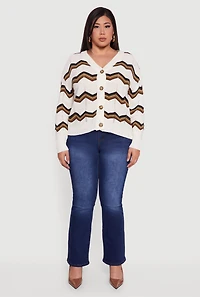 Womens Plus Size Pointelle Knit Chevron V Neck Button Front Cardigan, Multi, Size 2X