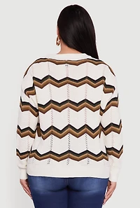 Womens Plus Size Pointelle Knit Chevron V Neck Button Front Cardigan, Multi, Size 2X