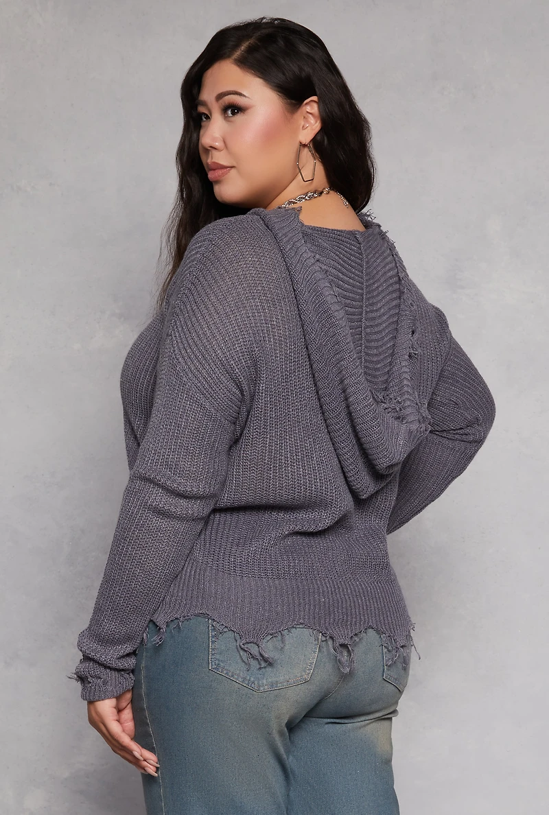 Plus Distressed Pullover Hooded Sweater