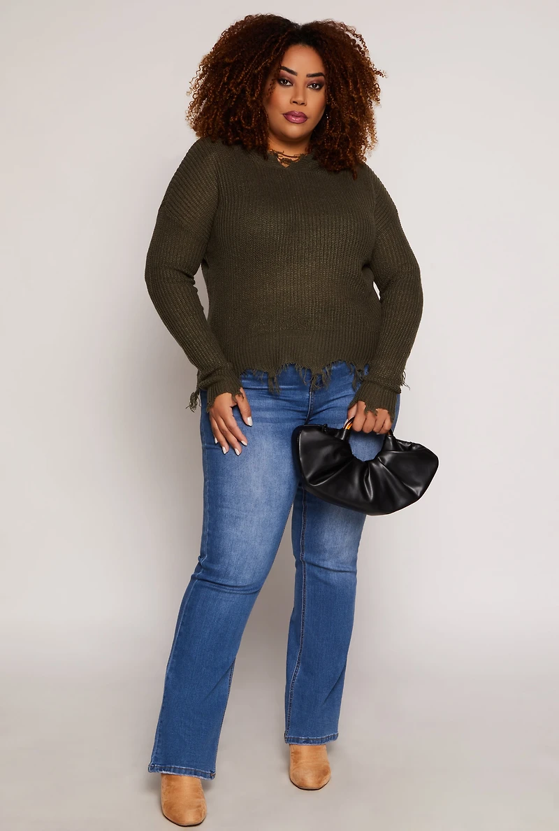 Plus Distressed Pullover Hooded Sweater