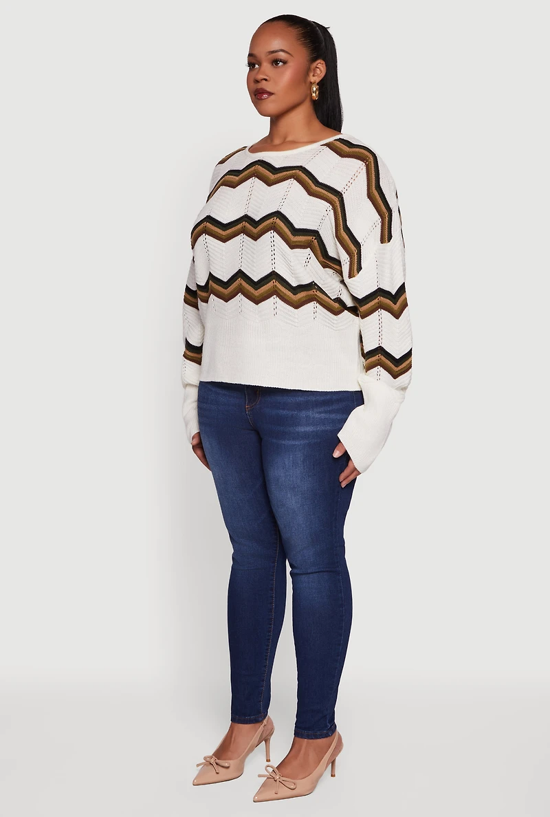 Womens Plus Size Chevron Patterned Caged Back Sweater, White, Size 2X