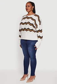 Womens Plus Size Chevron Patterned Caged Back Sweater, White, Size 2X