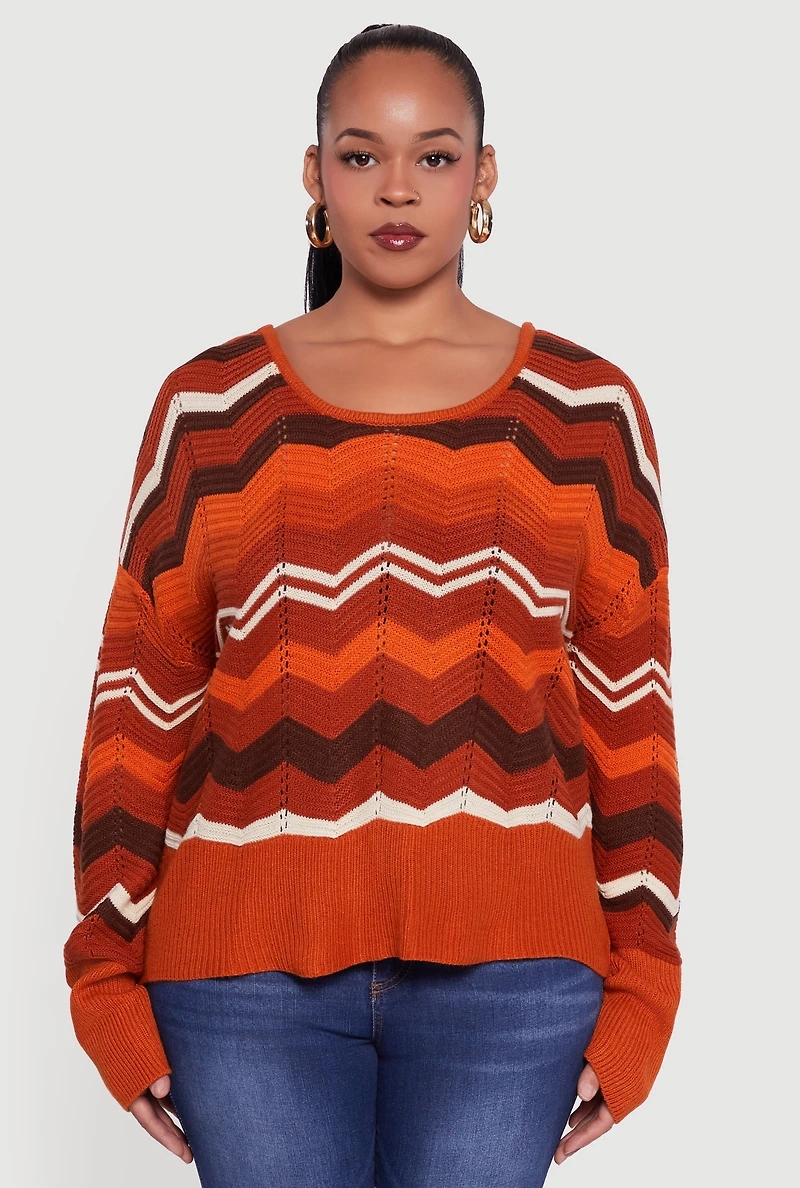 Plus Chevron Patterned Caged Back Sweater