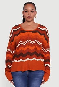 Plus Chevron Patterned Caged Back Sweater