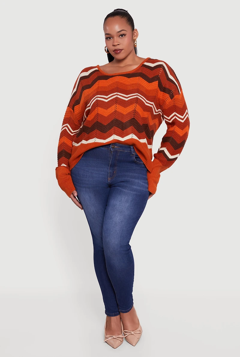 Plus Chevron Patterned Caged Back Sweater