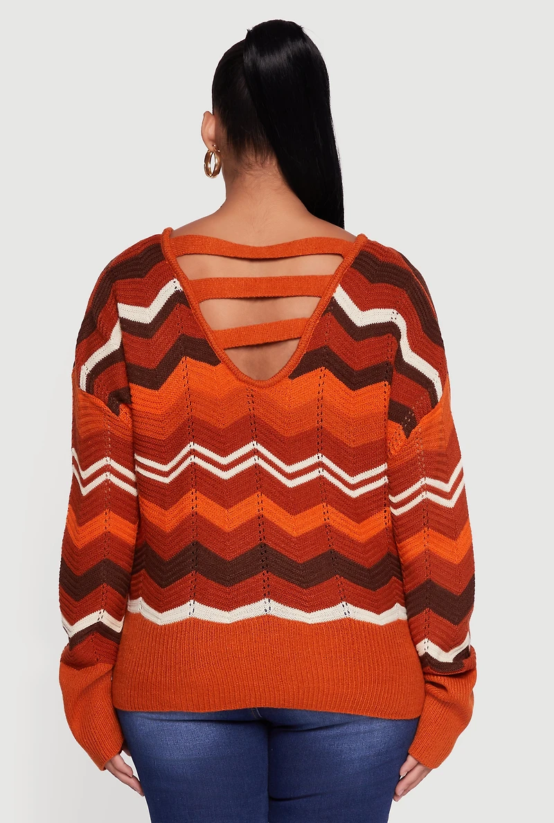 Plus Chevron Patterned Caged Back Sweater