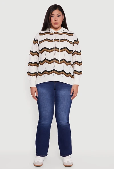 Womens Plus Chevron Pointelle Knit Hooded Pullover Sweater, Multi,